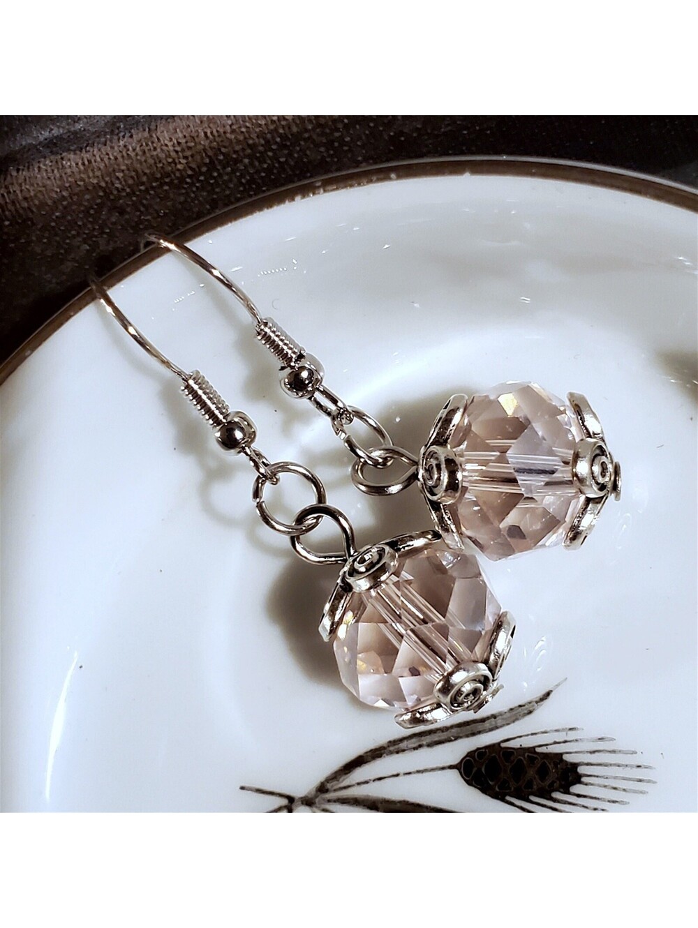 Vintage Light Pink Crystal Beads Antique Silver Carved Accents Earrings - Picture 8 of 10